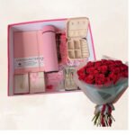 Luxe Pink Box Face Mask, Bottle, Notebook Nail Care essentials, Chocolate & Necklace