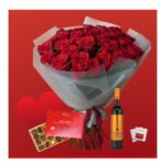 Premium Rose Bouquet, Rosso Nobile Wine, Boxed Chocolates & Card